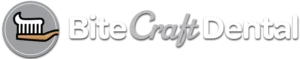 BiteCraft Dental logo featuring a toothbrush inside a gray circular badge and the brand name on a dark background,